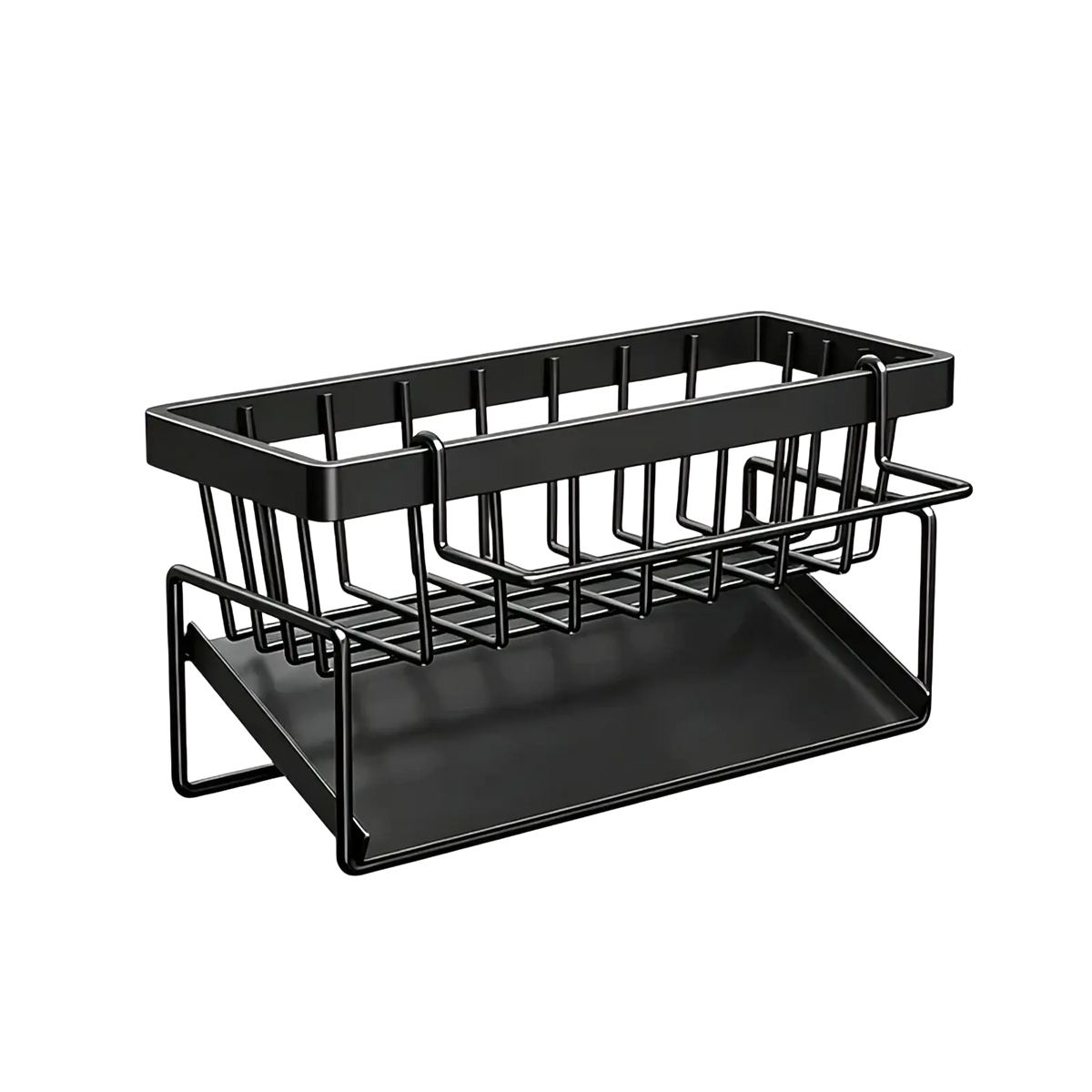Black metal kitchen sink caddy and sponge holder with flat base and vertical bars for holding utensils or dishes