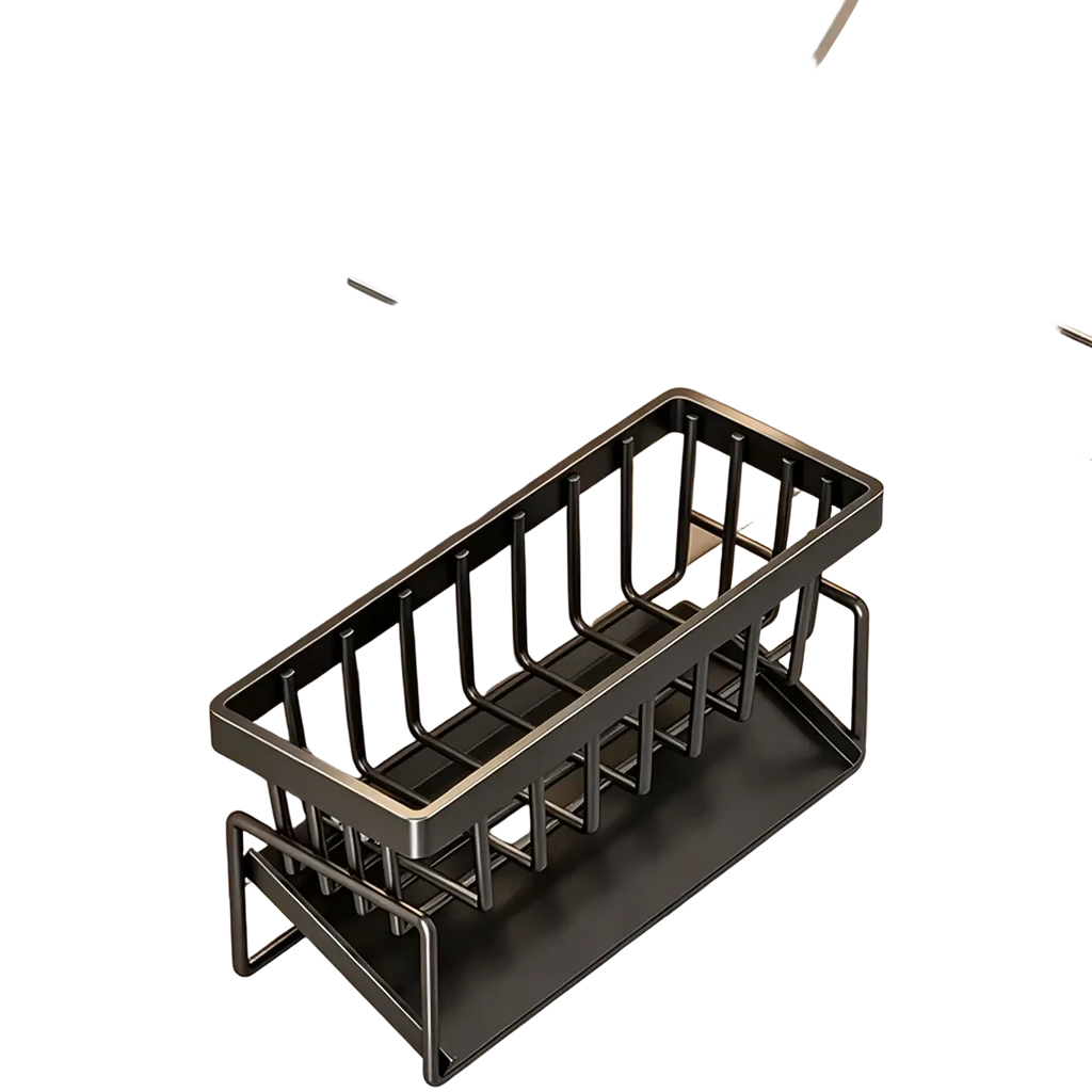 Black metal kitchen sink caddy with sleek modern design and reinforced base for bathroom sink use