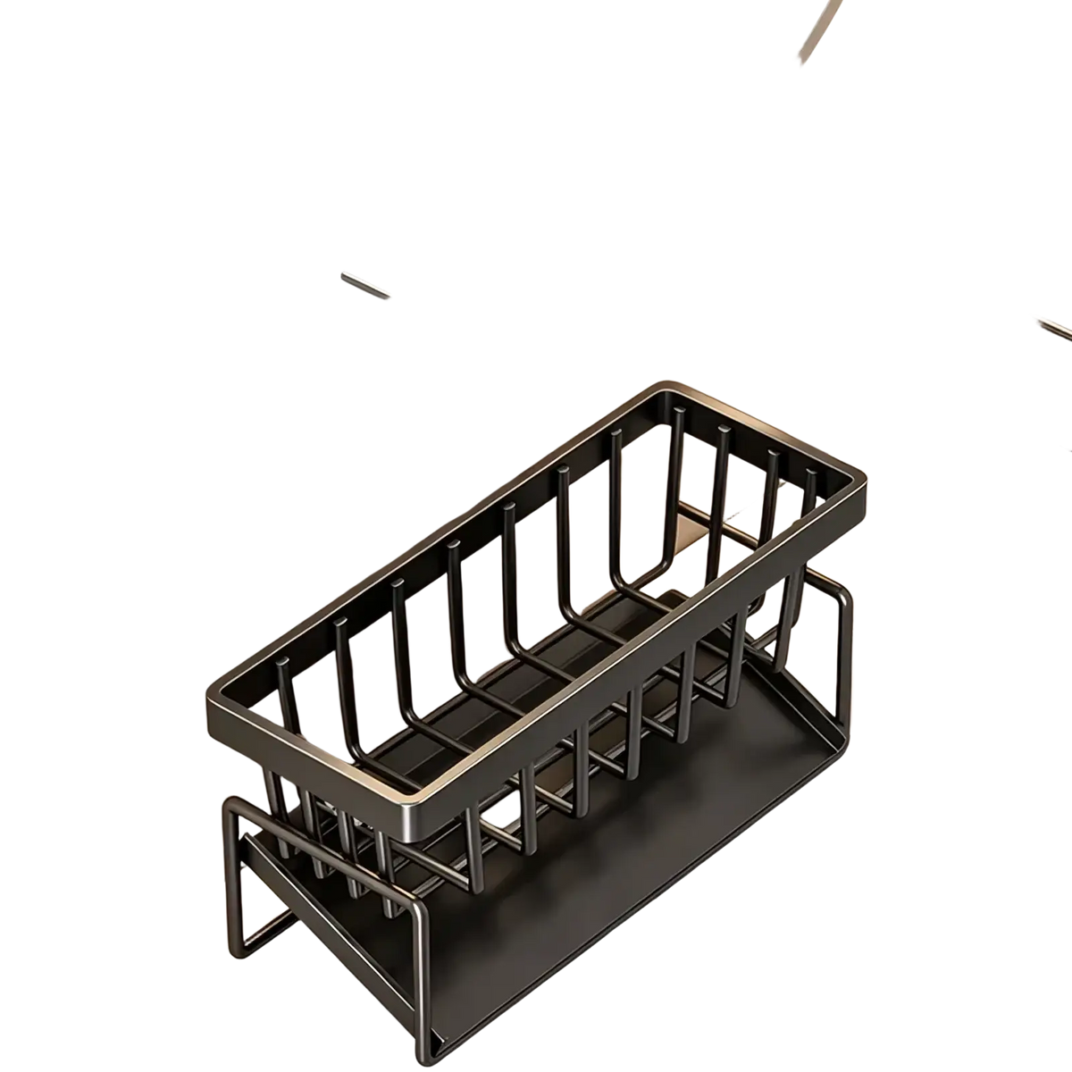 Black metal kitchen sink caddy with sleek modern design and reinforced base for bathroom sink use