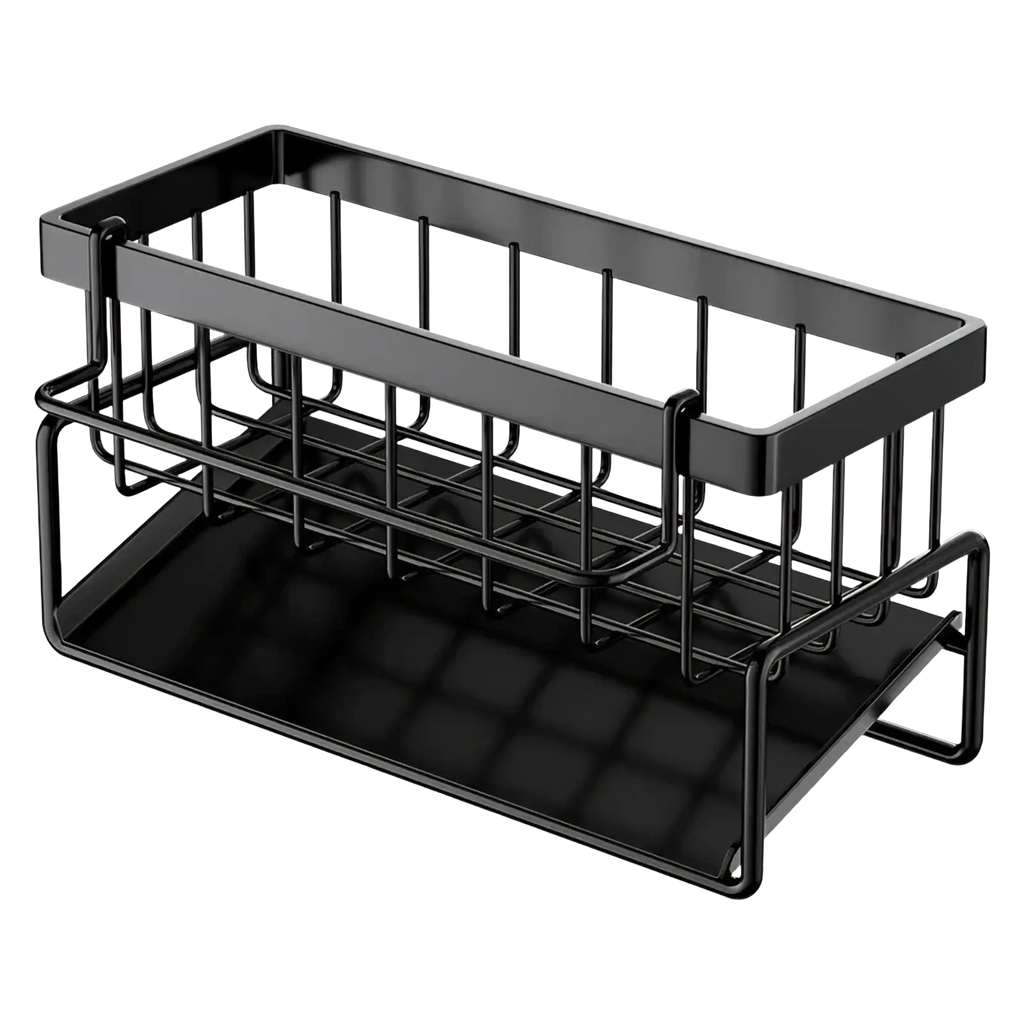 Black metal kitchen sink caddy with two tiers and flat bottom tray for organizing bathroom or kitchen items