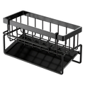 Black metal kitchen sink caddy with two tiers and flat bottom tray for organizing bathroom or kitchen items