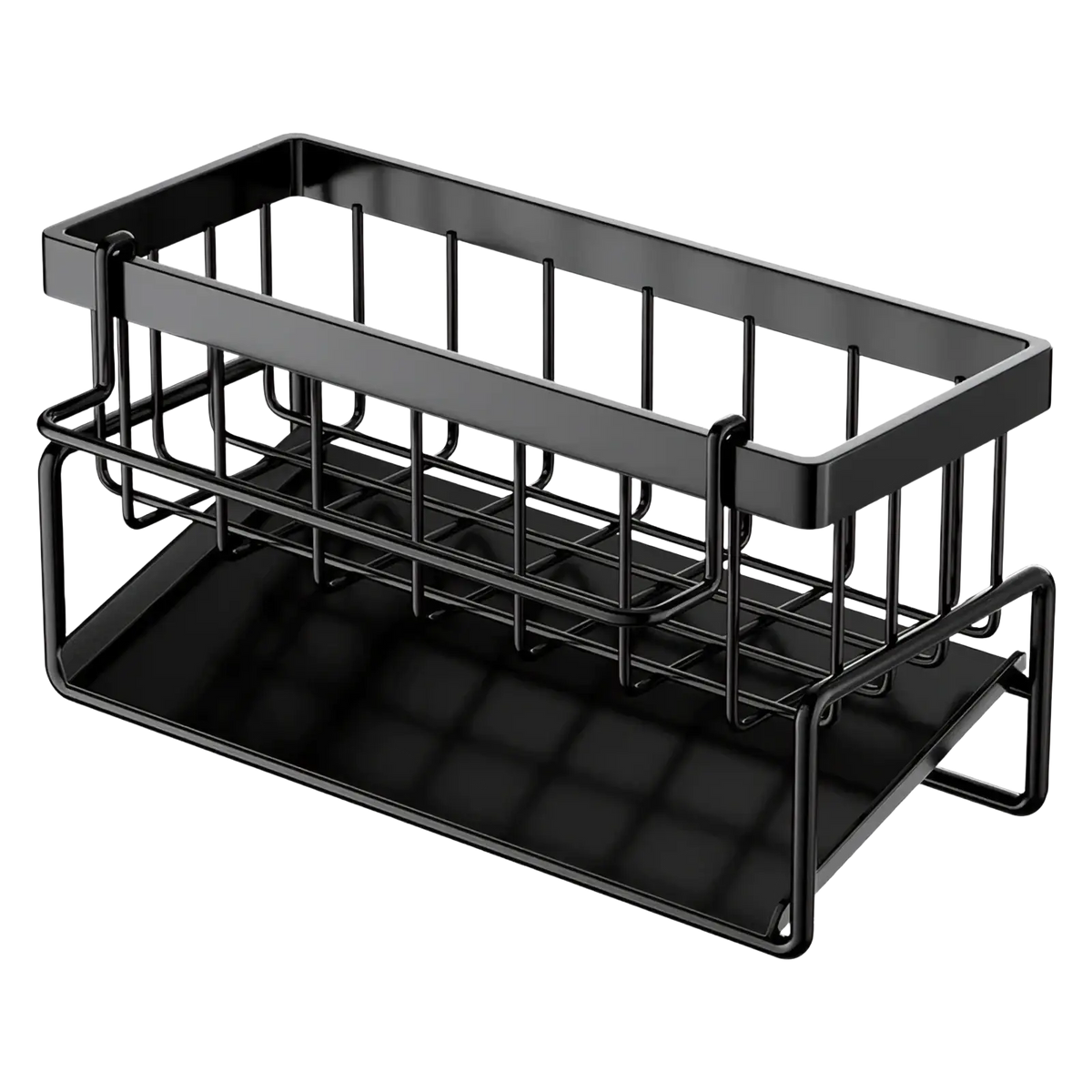 Black metal kitchen sink caddy with two tiers and flat bottom tray for organizing bathroom or kitchen items