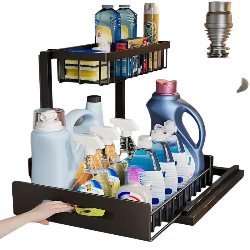 Black metal under sink organizer with two tiers holding cleaning supplies and laundry detergent for efficient storage