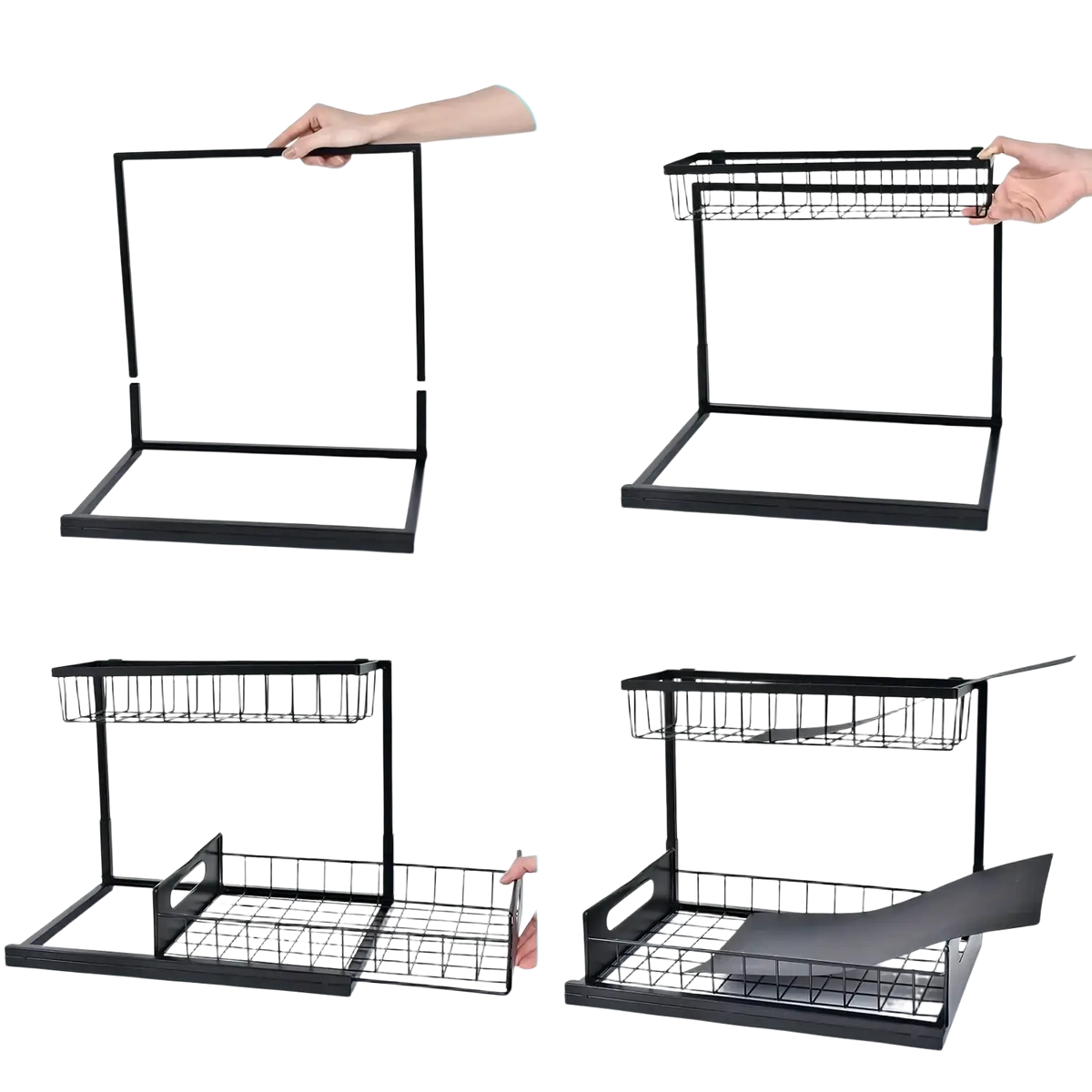 Black metal under sink organizer with two tiers wire mesh baskets and sliding tray for kitchen storage