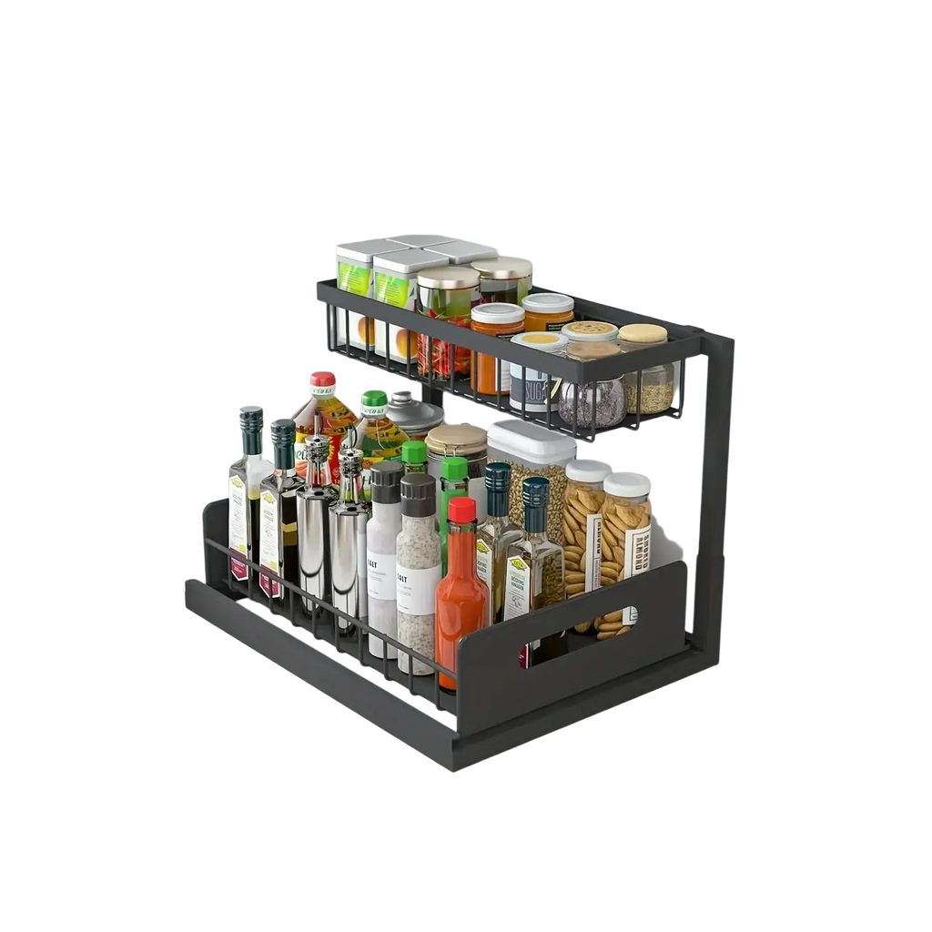 Black metal under sink organizer 2 tier with wire mesh shelves and handle on front tier for efficient storage