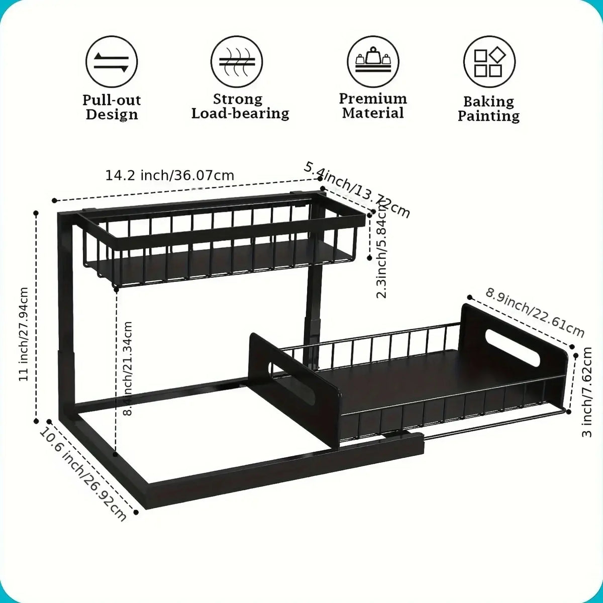 Black metal under sink organizer 2 tier with pull out design and baking painting finish for kitchen storage