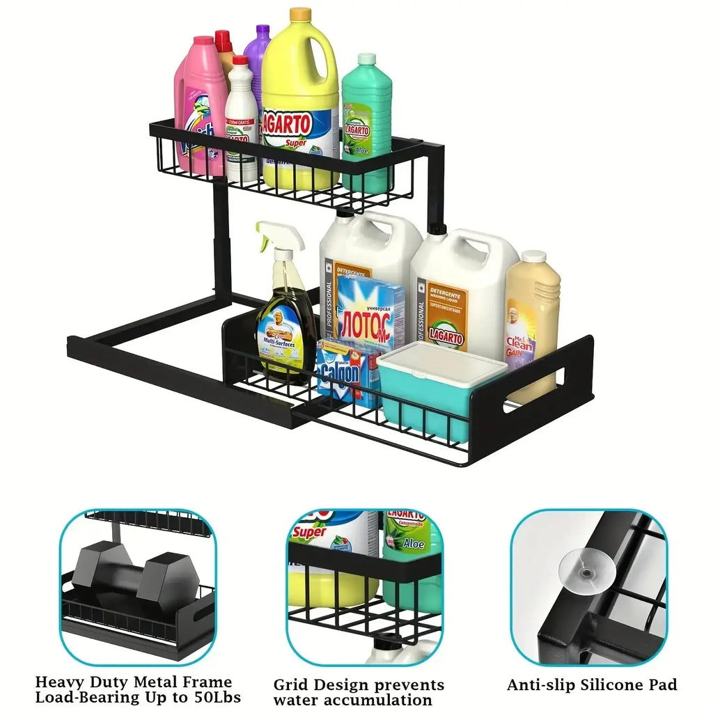 Black metal under sink organizer two tier dish rack with grid design and anti slip silicone pad