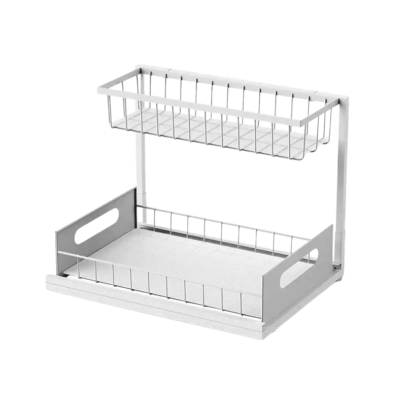 White two-tiered kitchen rack with wire mesh baskets and solid side panels for under sink organization