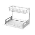 White two-tiered kitchen rack with wire mesh baskets and solid side panels for under sink organization