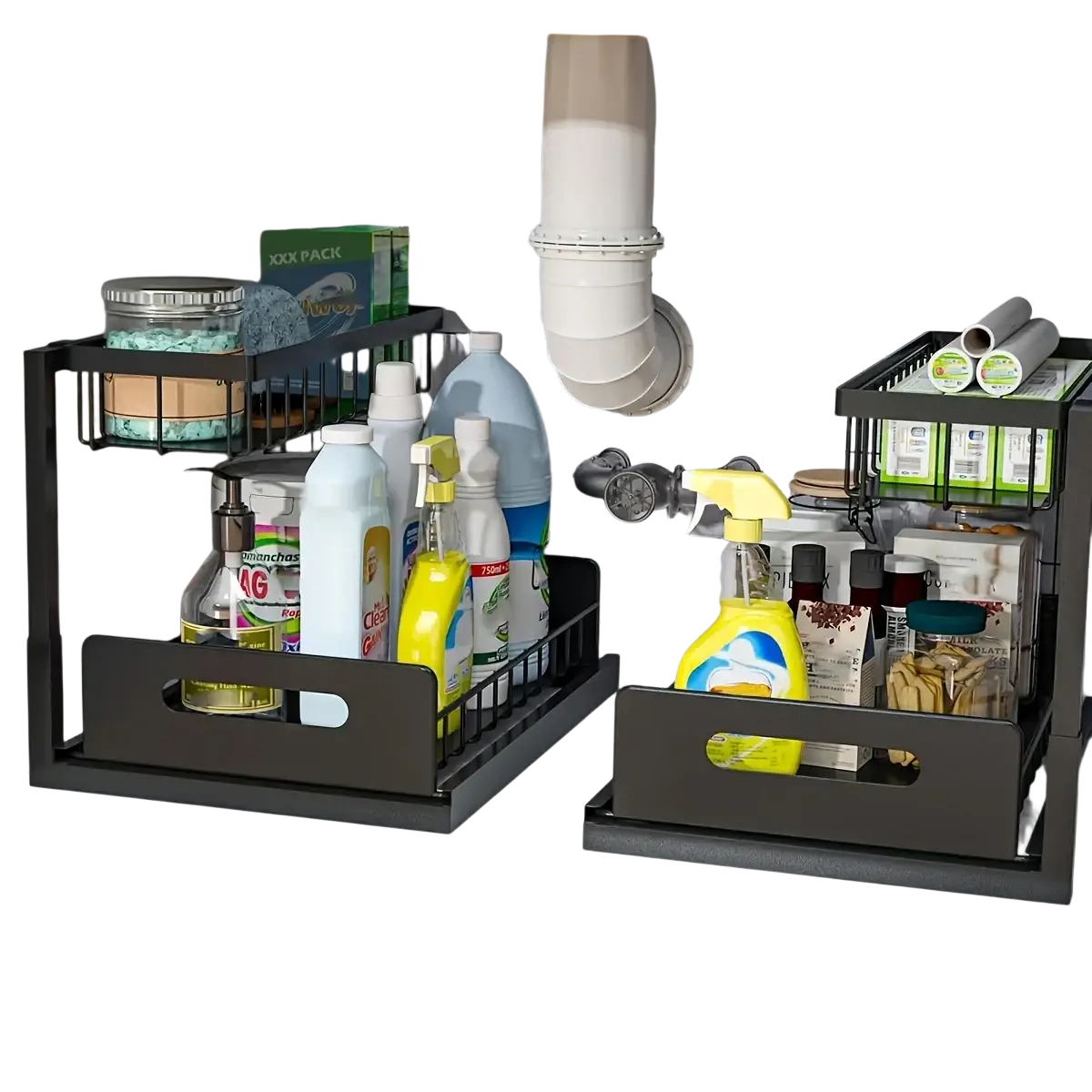 Black metal under sink organizer with two pull out trays and wire mesh shelves for efficient storage