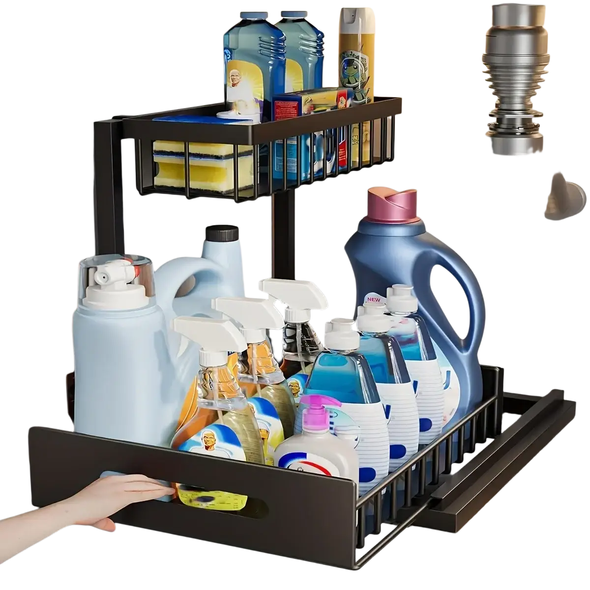 Black metal under sink organizer with two tiers holding cleaning supplies for efficient storage and organization