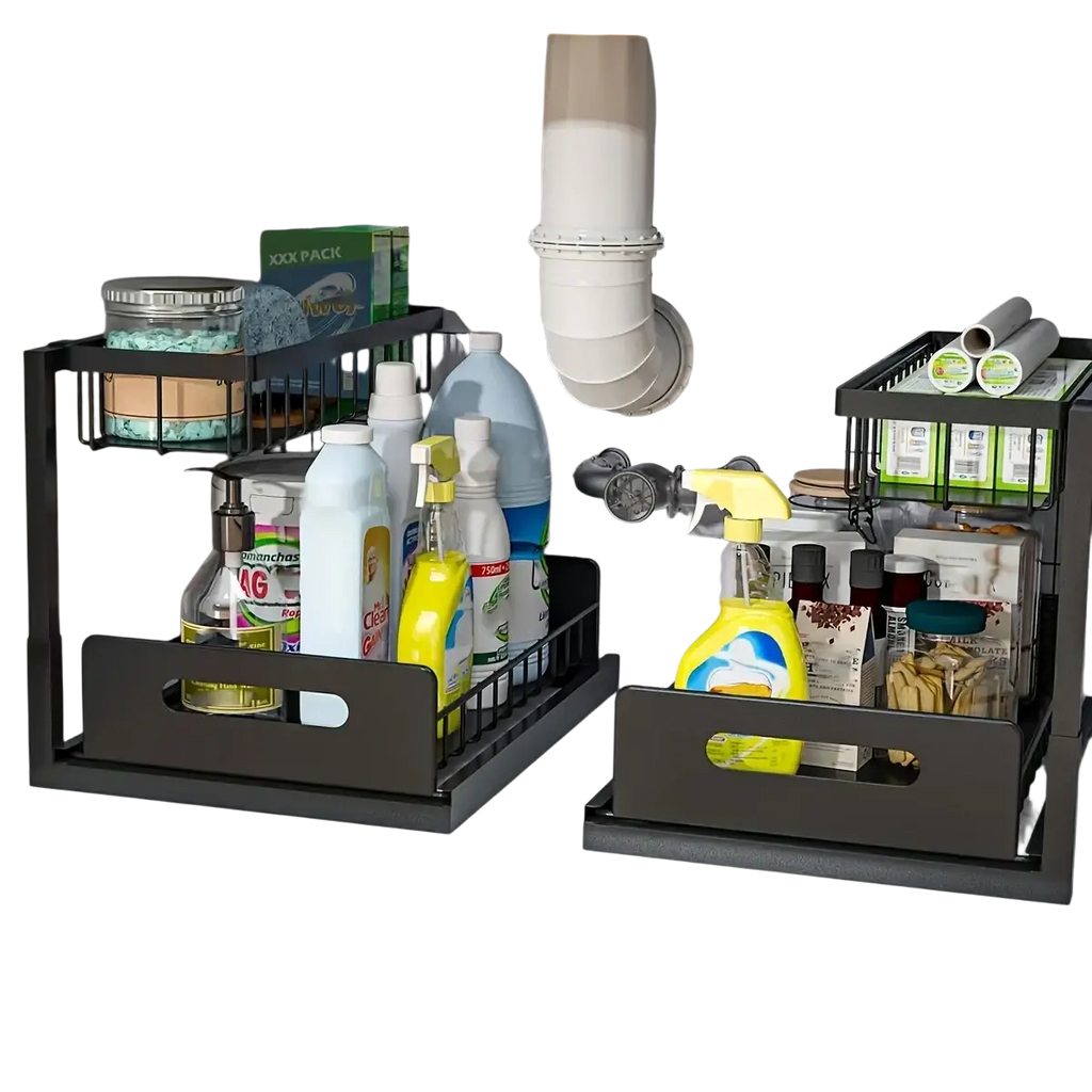 Black metal under sink organizer with sliding drawers featuring two pull-out trays and wire mesh shelves for storage