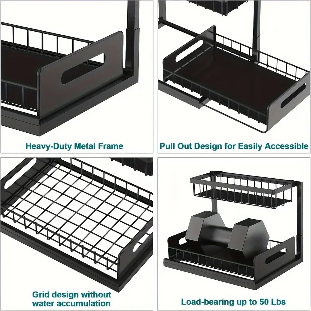 Black metal under sink organizer with two-tier pull-out dish rack featuring grid design and handle for easy access