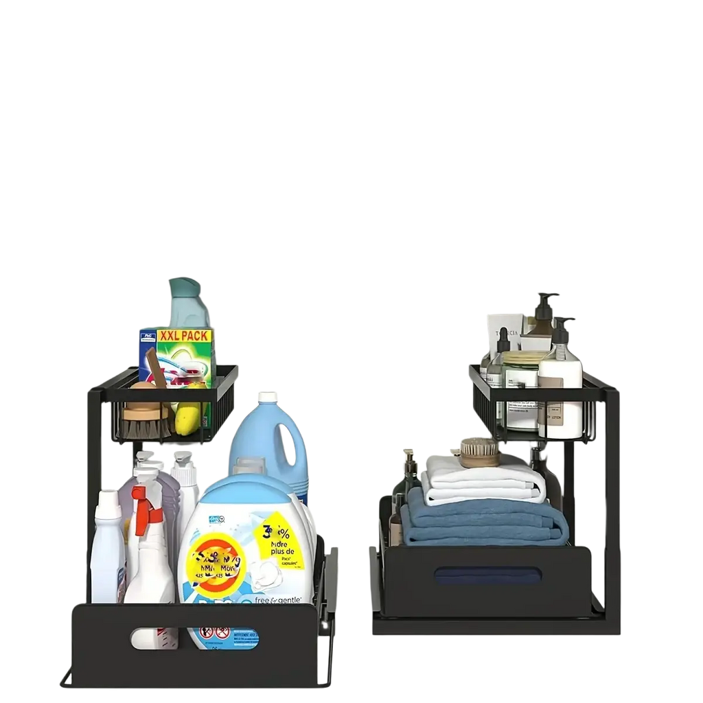 Black metal under sink organizer with adjustable two-tier shelves and a sliding pull-out drawer for cabinet storage