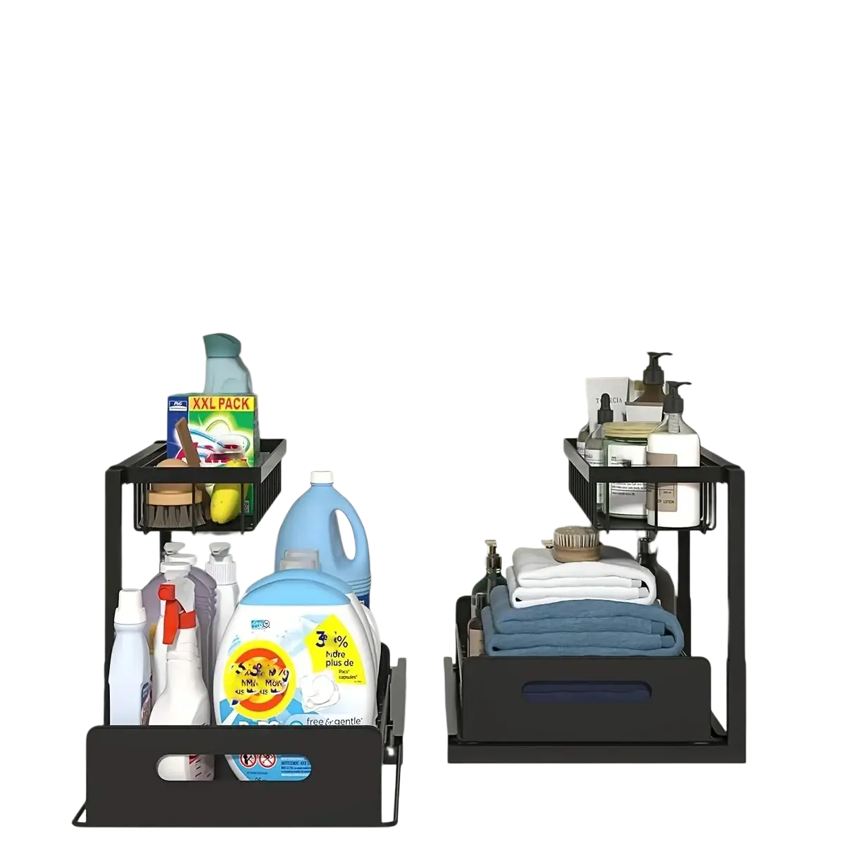 Black metal under sink organizer with adjustable two-tier shelves and a sliding pull-out drawer for cabinet storage