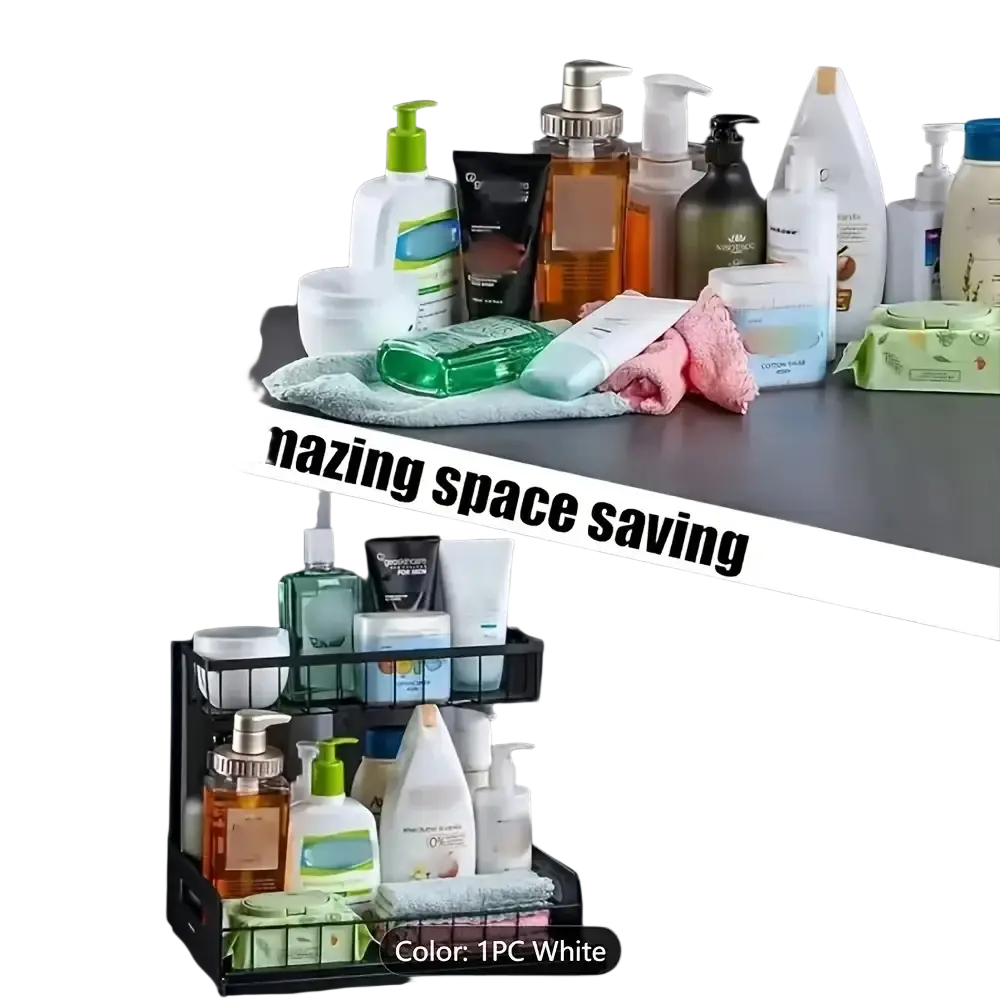 White two-tiered metal bathroom organizer with wire mesh shelves and base tray for under sink storage