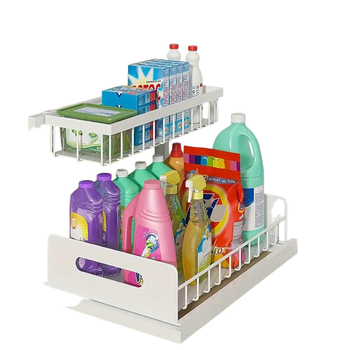 White two-tier pull-out under sink organizer with wire mesh shelves and solid front panel for black metal under sink use