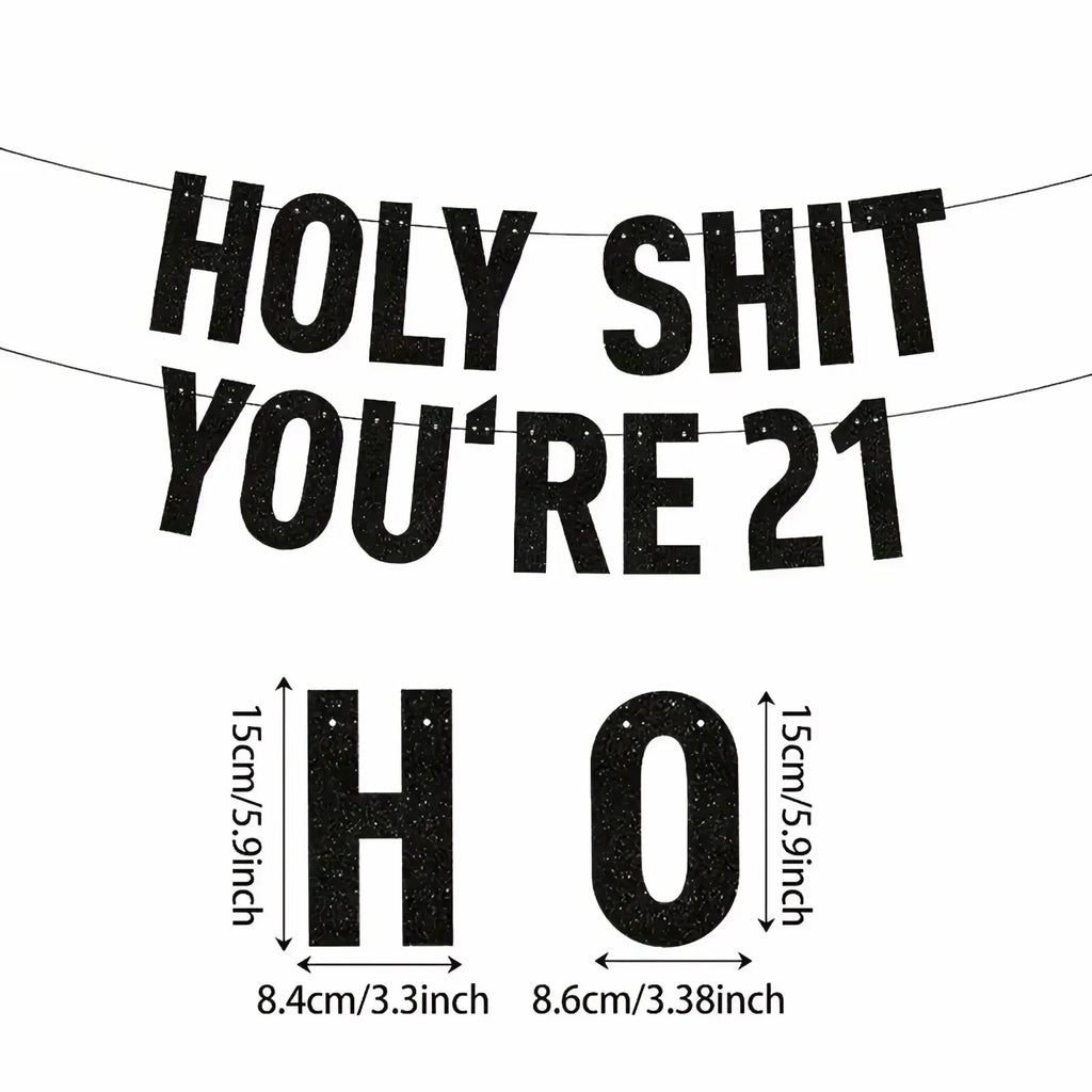 Black milestone birthday banner with bold uppercase black glittery lettering for 21st birthday party decoration