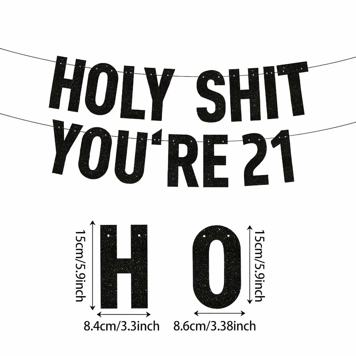 Black milestone birthday banner with bold uppercase black glittery lettering for 21st birthday party decoration