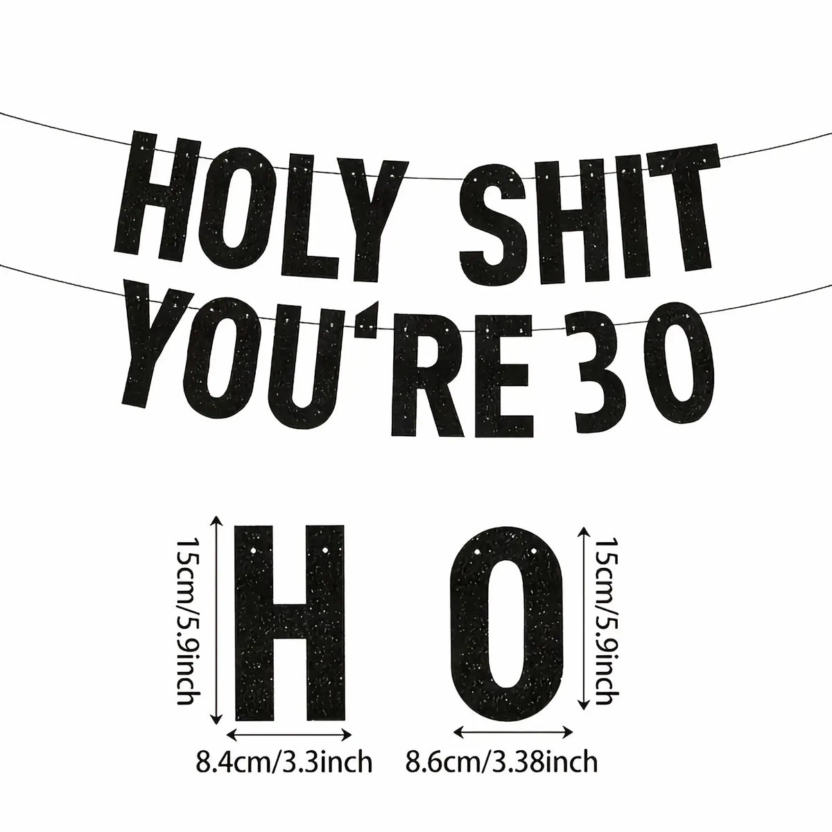 Black milestone birthday banner with bold uppercase black glittery letters for 30th birthday party decoration