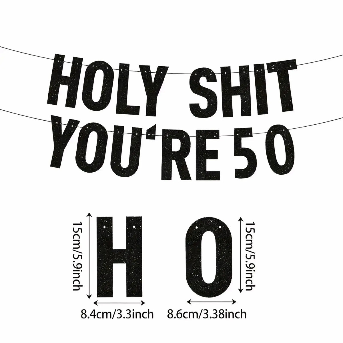 Black milestone birthday banner with bold glittery uppercase letters saying holy shit you re 50 for party decoration