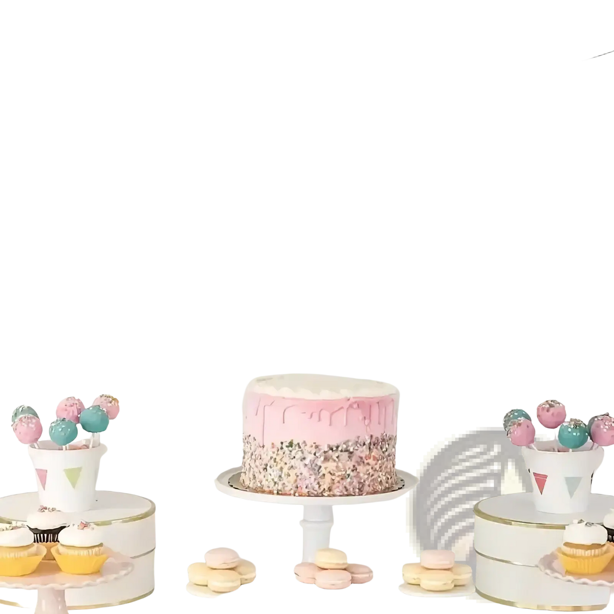 A pink cake with white frosting and a glittery confetti base on a pedestal for black milestone birthday party decoration