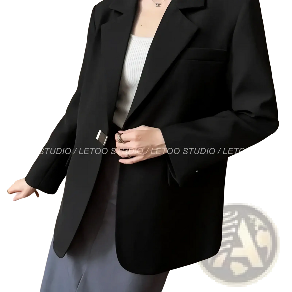 Black minimalist women blazer in sleek tailored fit with notched lapels for a polished professional look