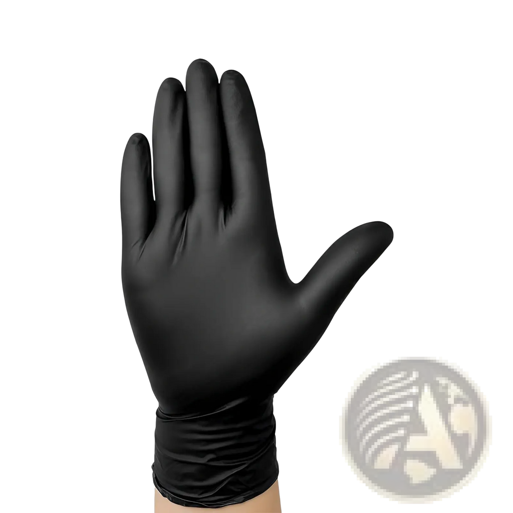Black nitrile disposable glove with smooth glossy finish and snug fit shown from the back side in 100 pack
