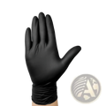 Black nitrile disposable glove with smooth glossy finish and snug fit shown from the back side in 100 pack