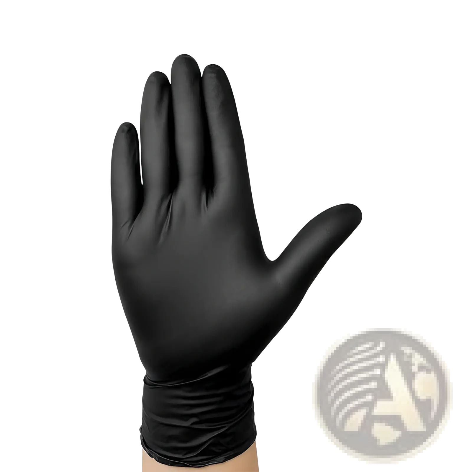 Black nitrile disposable glove with smooth glossy finish and snug fit shown from the back side in 100 pack