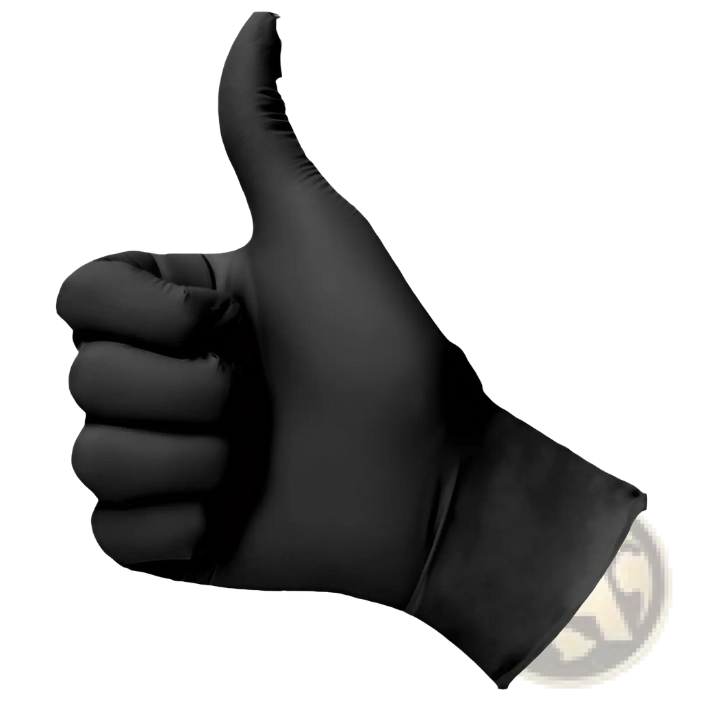 Black nitrile disposable glove in latex material worn on hand showing thumbs-up gesture for protection and safety