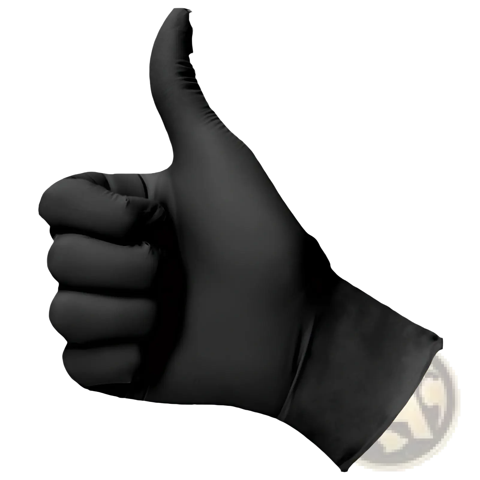 Black nitrile disposable glove in latex material worn on hand showing thumbs-up gesture for protection and safety
