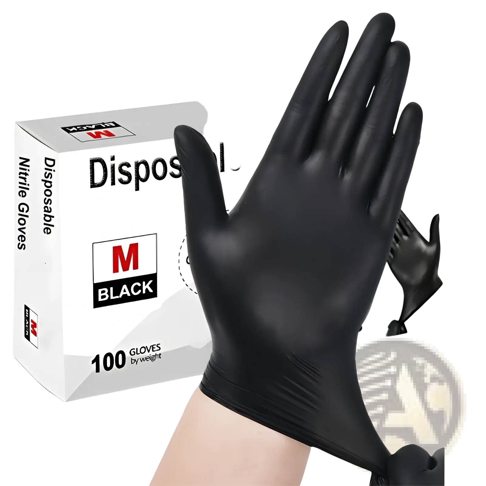 Black nitrile disposable gloves medium size showing textured back side in a 100 pack for medical and industrial use