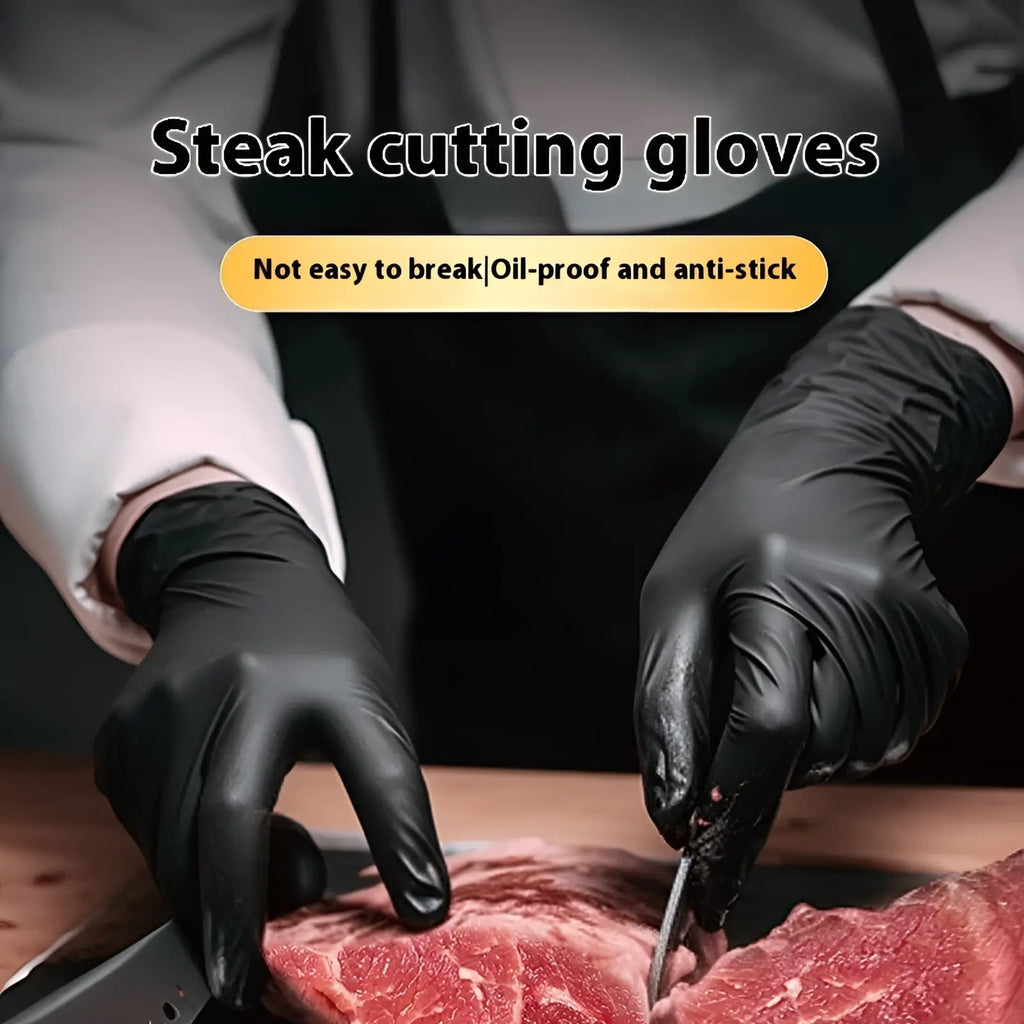 Black nitrile disposable gloves in smooth durable material designed for grip and protection shown from the back side
