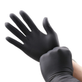 Black nitrile disposable protective gloves in black latex shown in a single pair with 100pcs text above