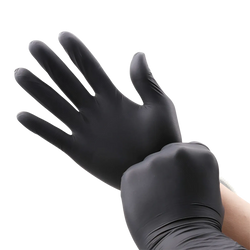 Black nitrile disposable protective gloves in black latex shown in a single pair with 100pcs text above