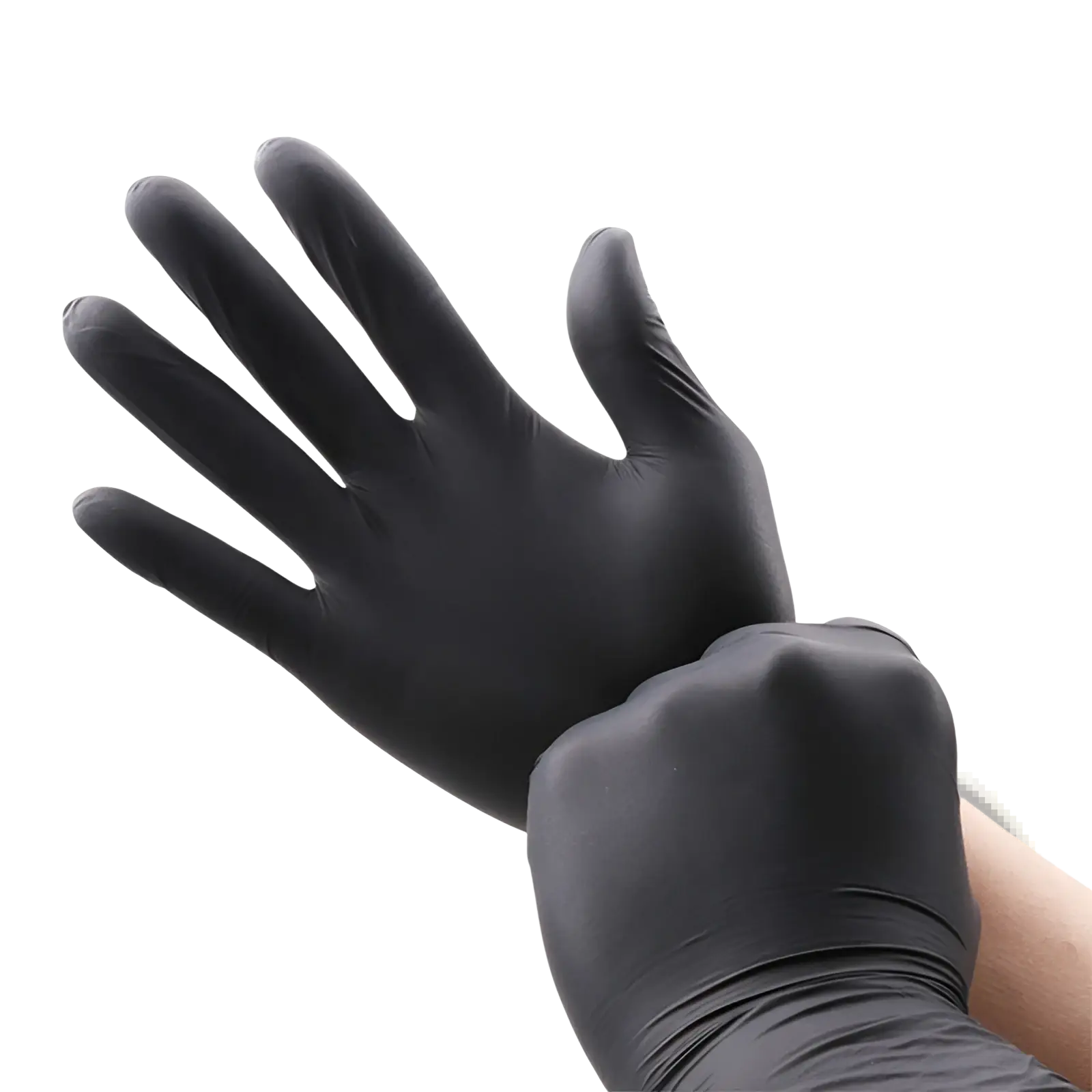 Black nitrile disposable protective gloves in black latex shown in a single pair with 100pcs text above