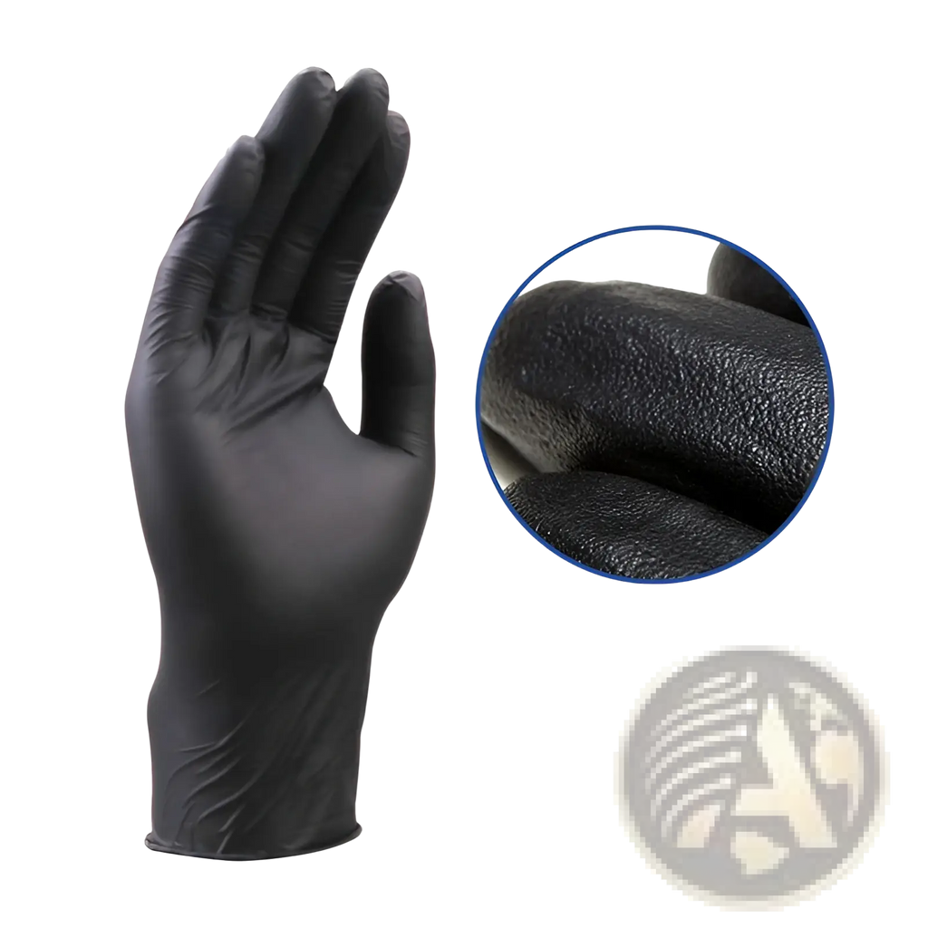 Black nitrile disposable protective glove in latex with textured grip on the palm for secure handling