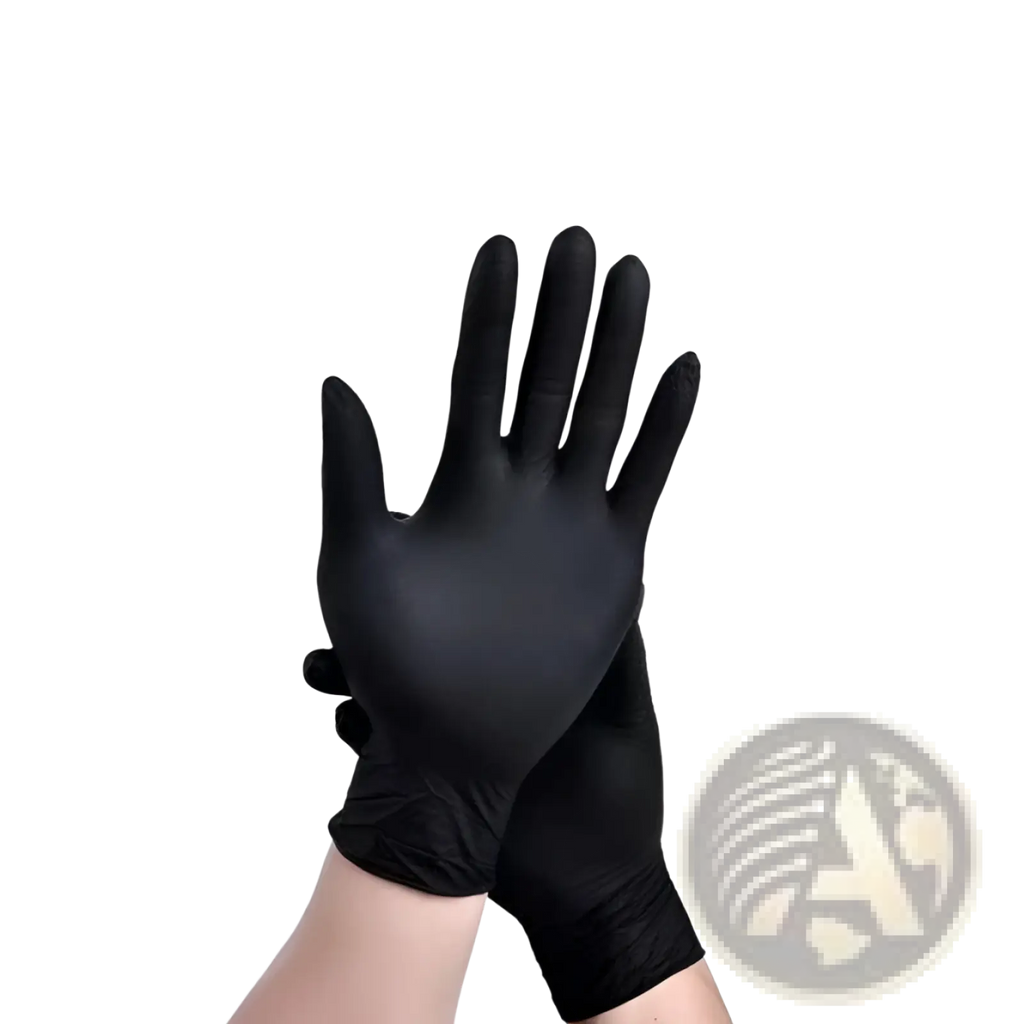Black nitrile disposable protective gloves with smooth glossy finish and snug fit shown from the back side