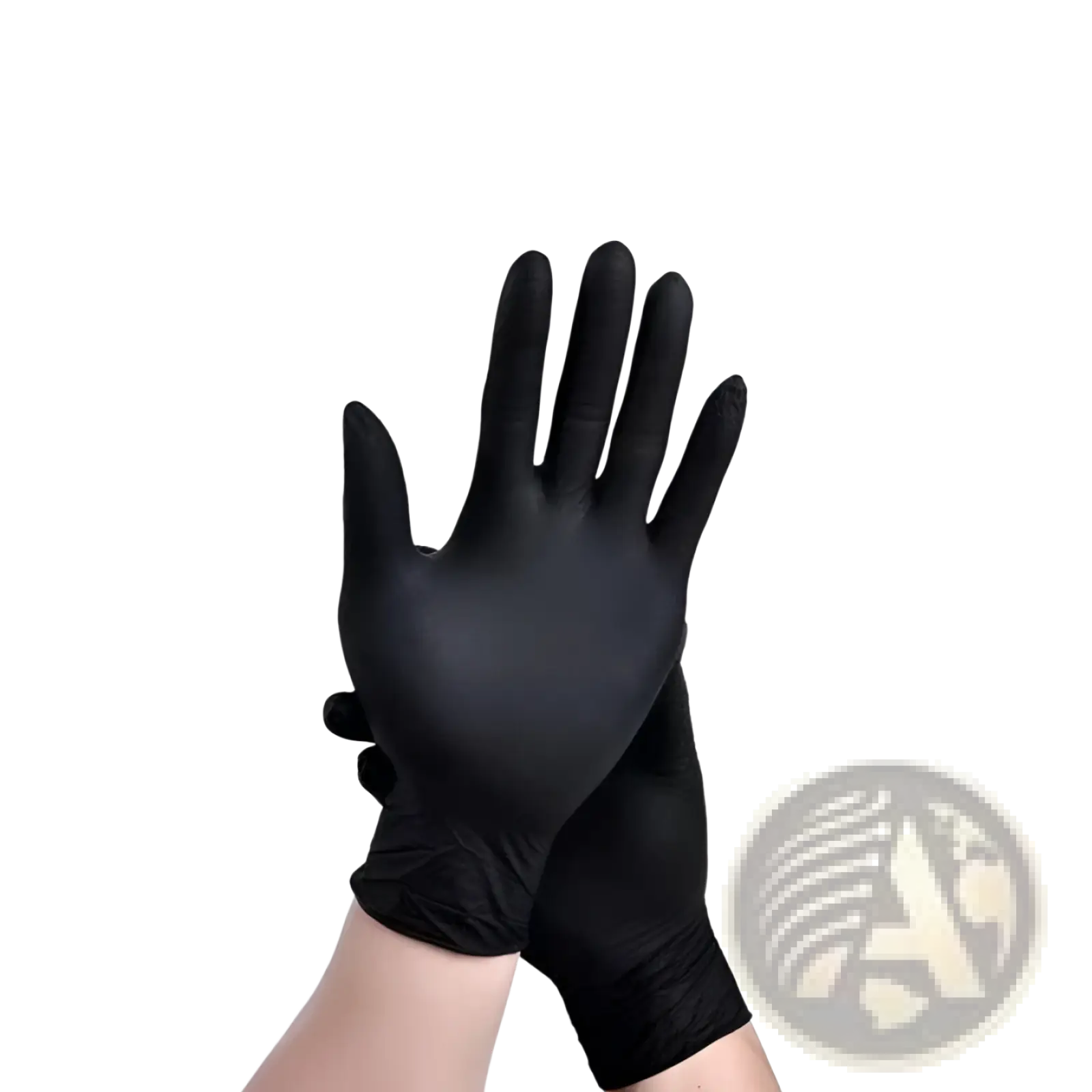 Black nitrile disposable protective gloves with smooth glossy finish and snug fit shown from the back side