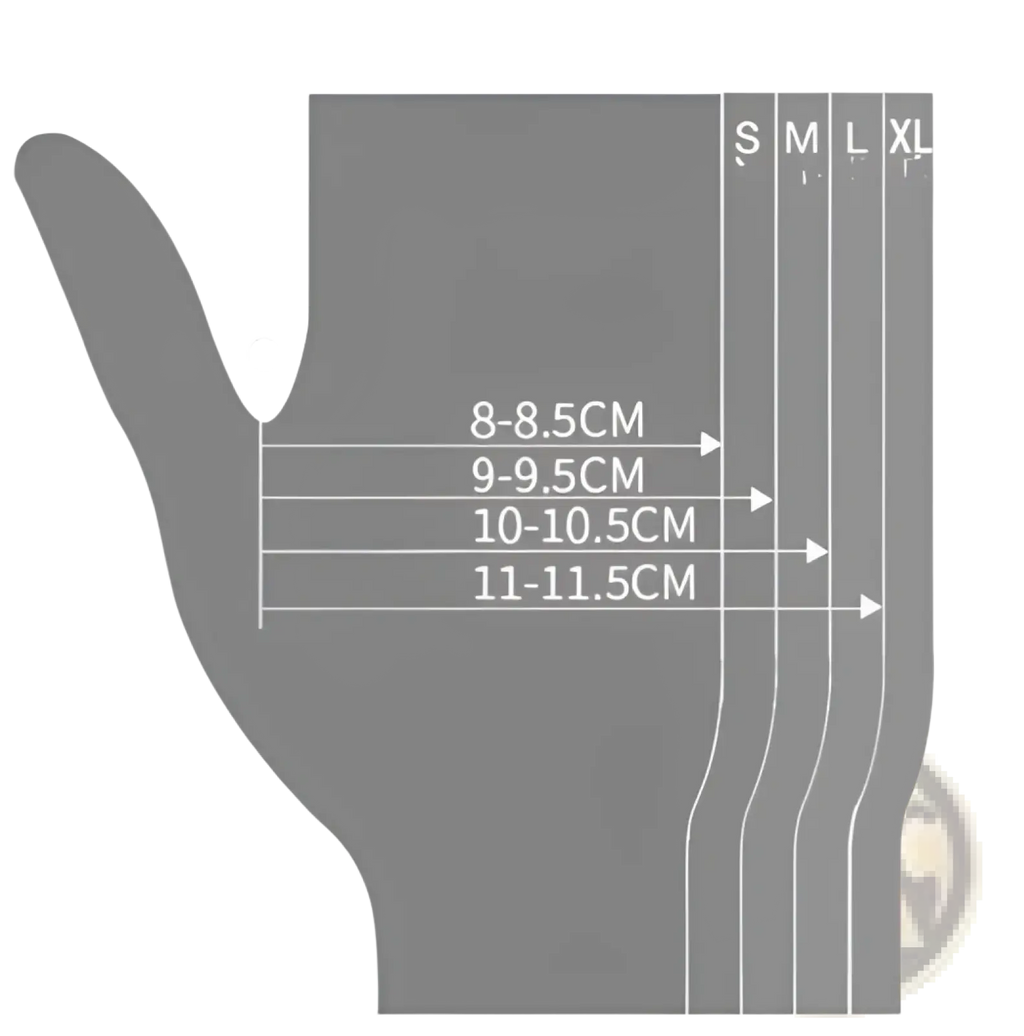 Gray hand-shaped size chart showing s m l xl measurements for black nitrile disposable protective gloves 100 pack
