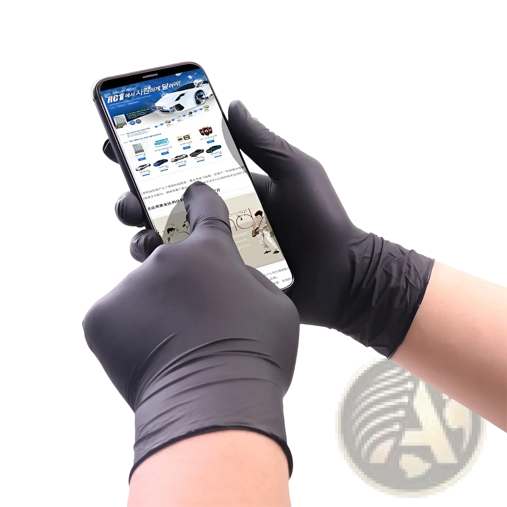 Black nitrile disposable protective gloves 100 pack worn on hands holding a smartphone showing the glove front side