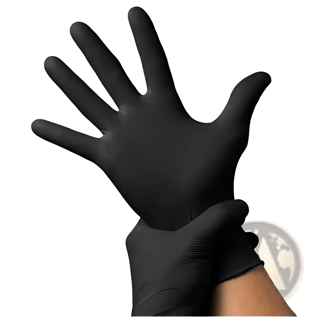 A pair of black nitrile disposable protective gloves with one hand wearing and the other adjusting the cuff