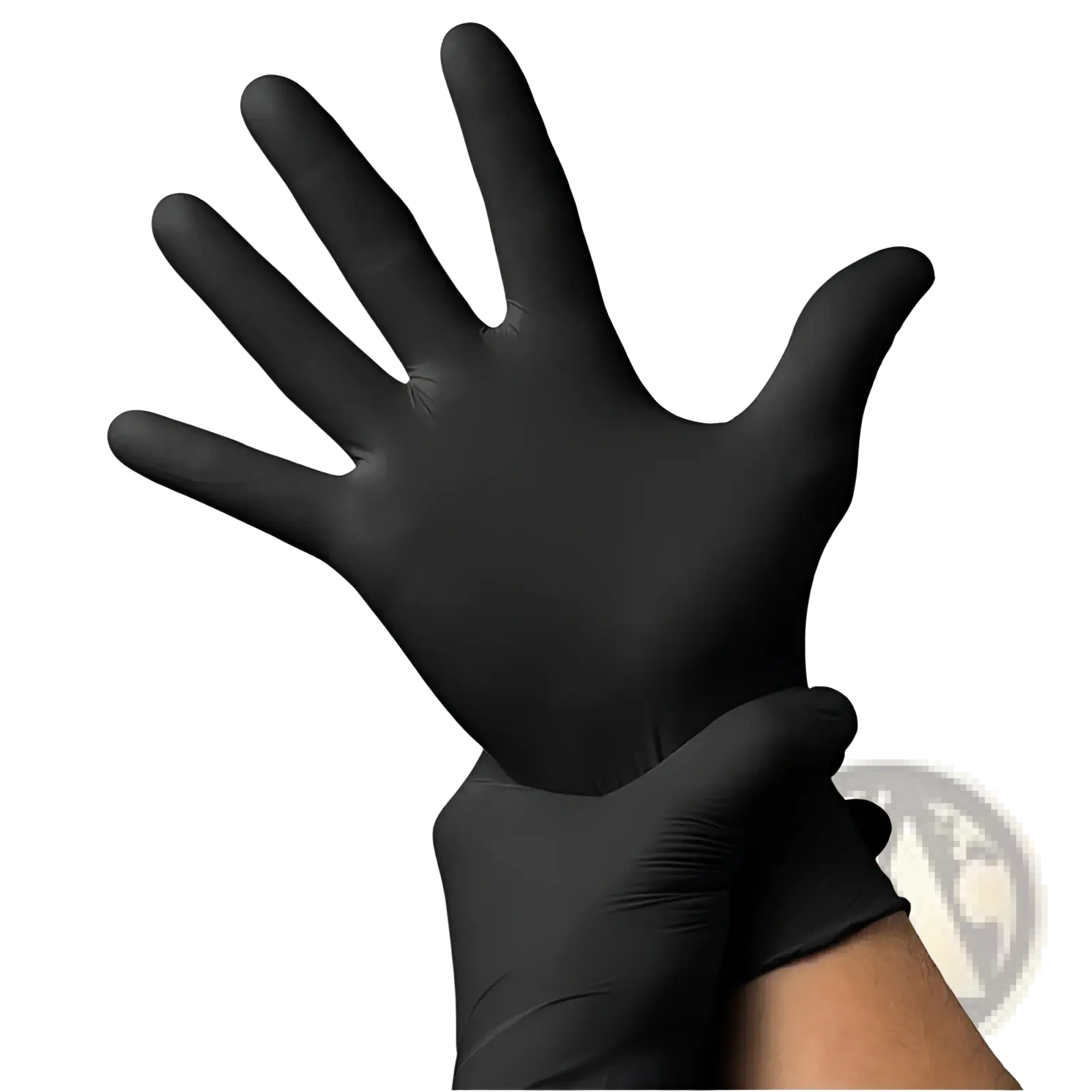 A pair of black nitrile disposable protective gloves with one hand wearing and the other adjusting the cuff