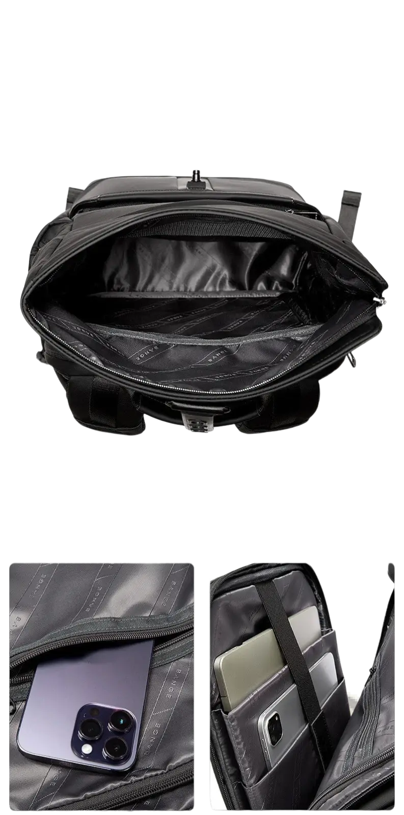 Black nylon business backpack 30l with black leather, multiple compartments, and padded phone slots for organization