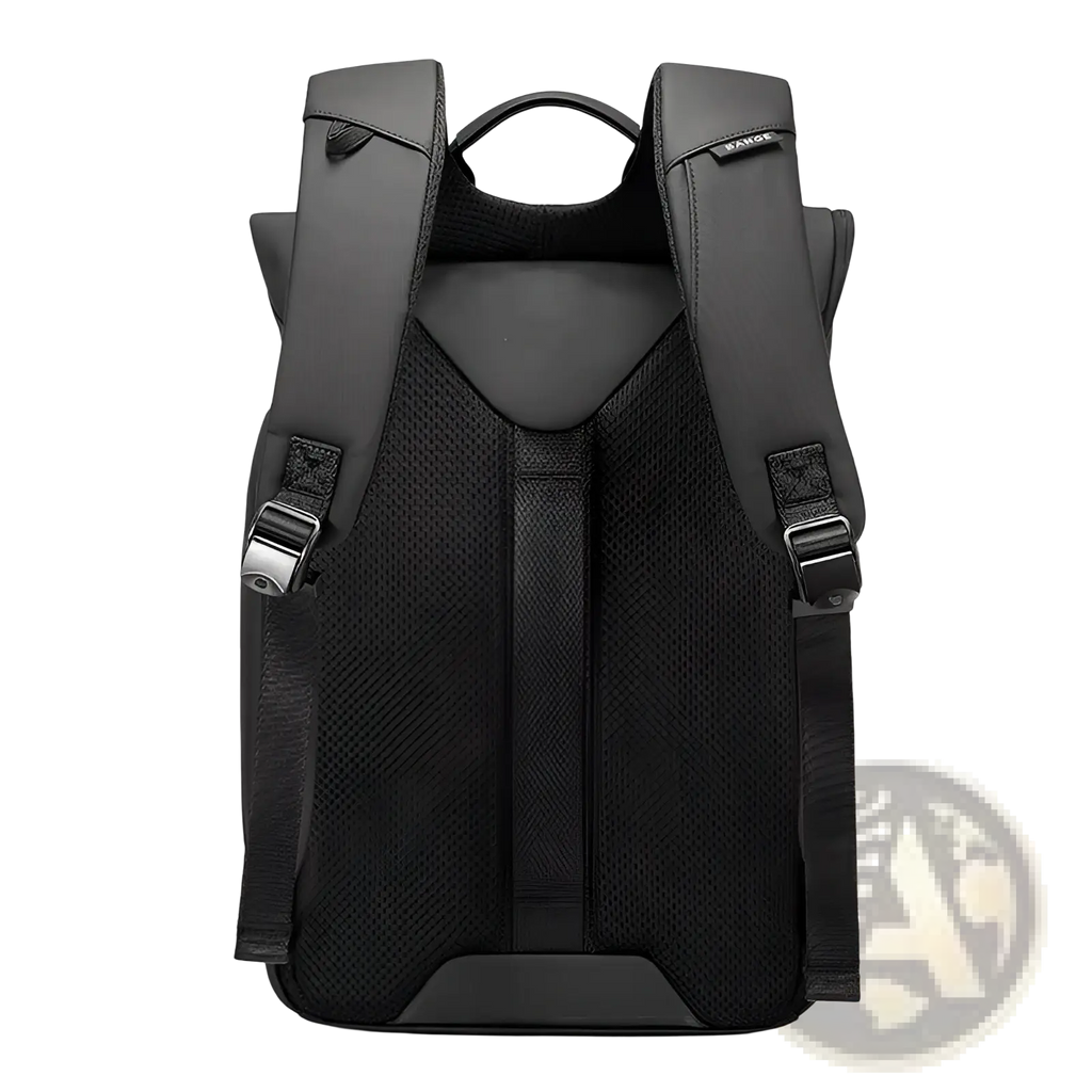Black nylon business backpack back side with mesh back panel and padded shoulder straps large capacity 30l