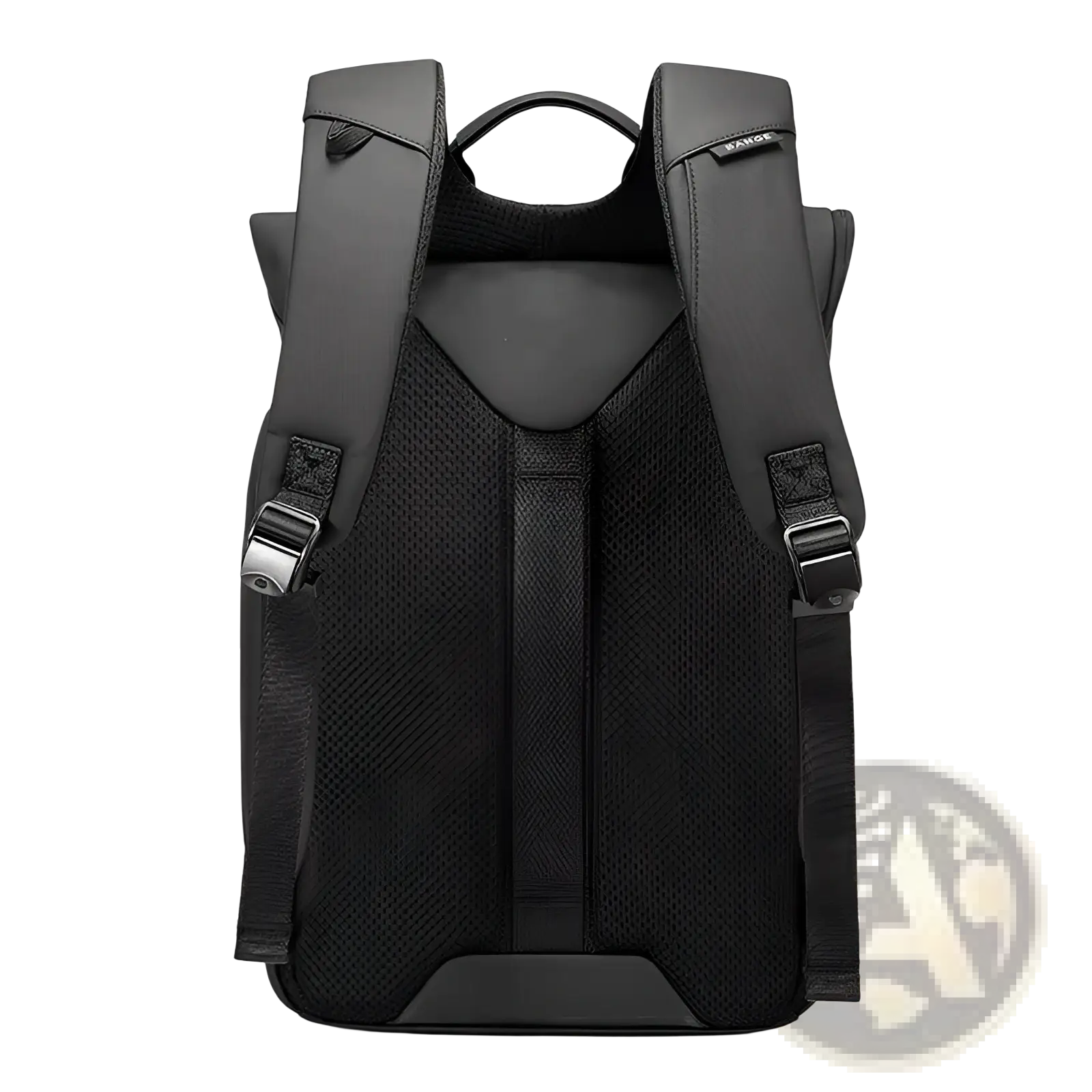 Black nylon business backpack back side with mesh back panel and padded shoulder straps large capacity 30l