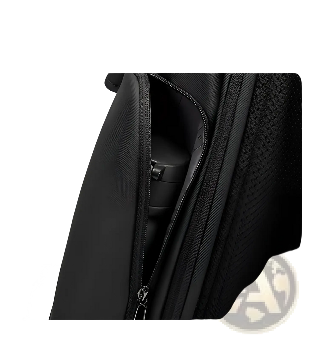 Black nylon business backpack with large 30l capacity features a mesh textured zipper compartment holding a black cylindrical item