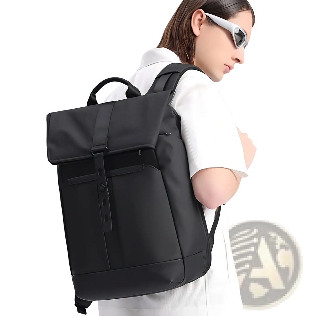 Black nylon business backpack with roll-top closure and front zippered pocket large capacity 30l