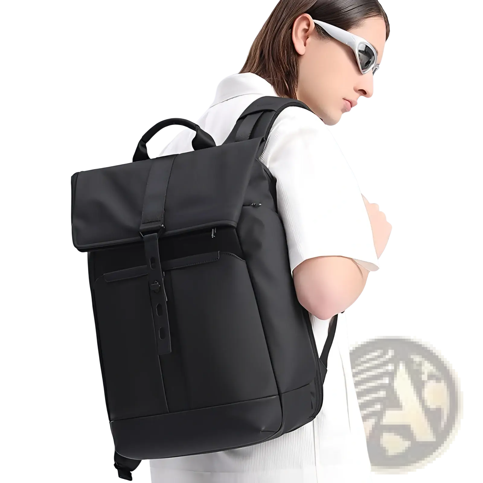 Black nylon business backpack with roll-top closure and front zippered pocket large capacity 30l
